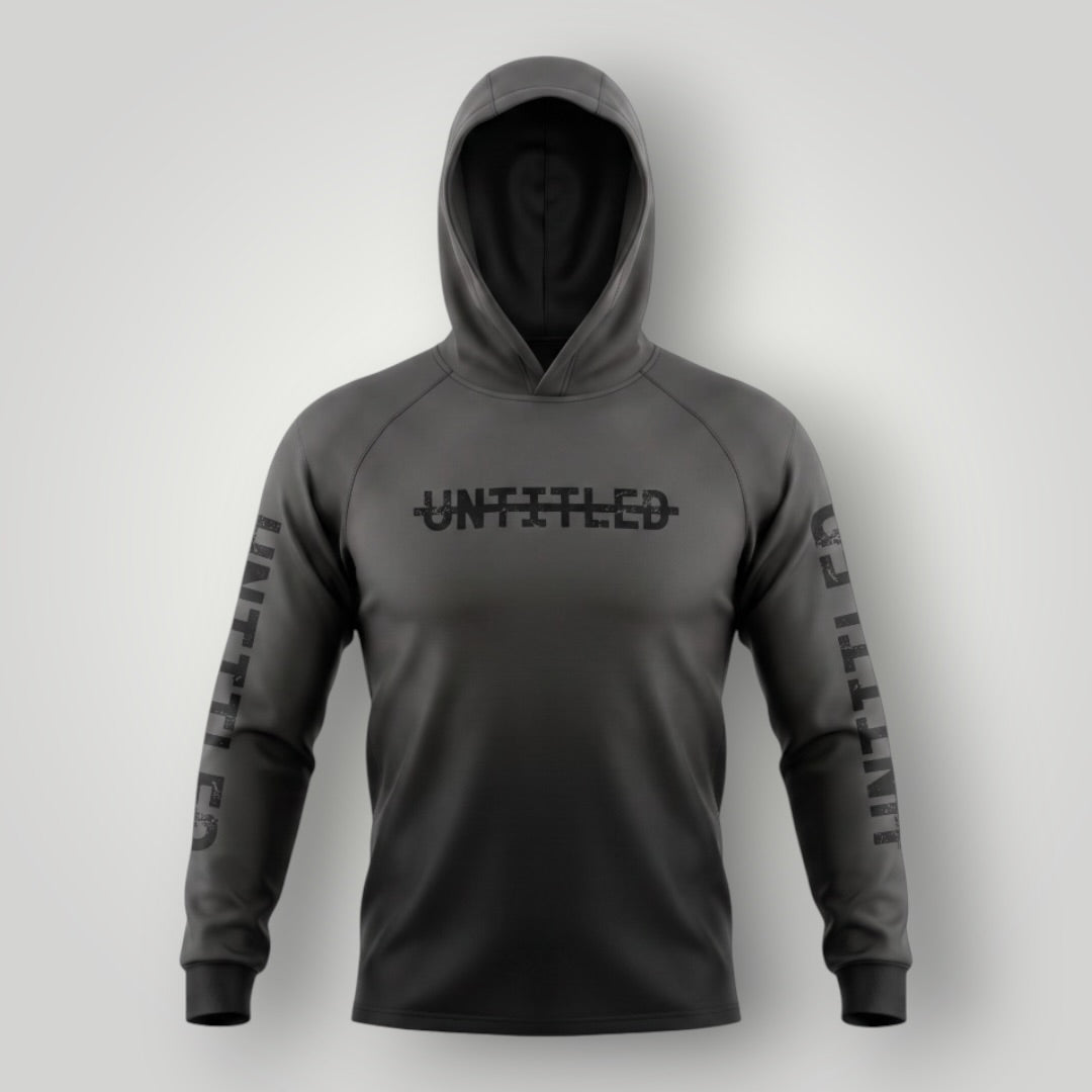 A dark gray pullover hoodie with a black 'UNTITLED' logo printed across the chest and vertical branding down both sleeves, shown on a light gray background.