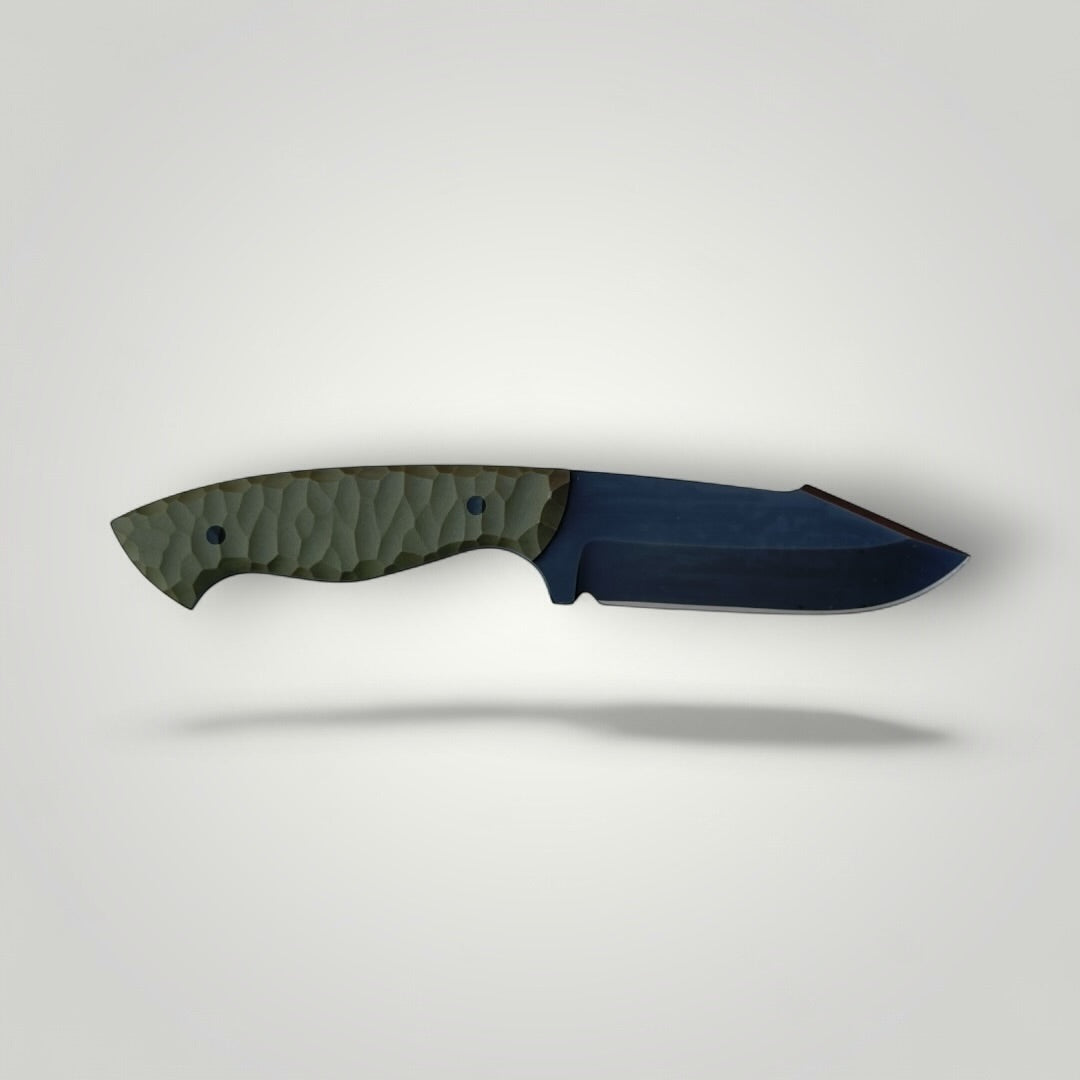 A fixed-blade knife with a textured olive green handle and a black oxide coated blade, with an OD Green G10 handle.