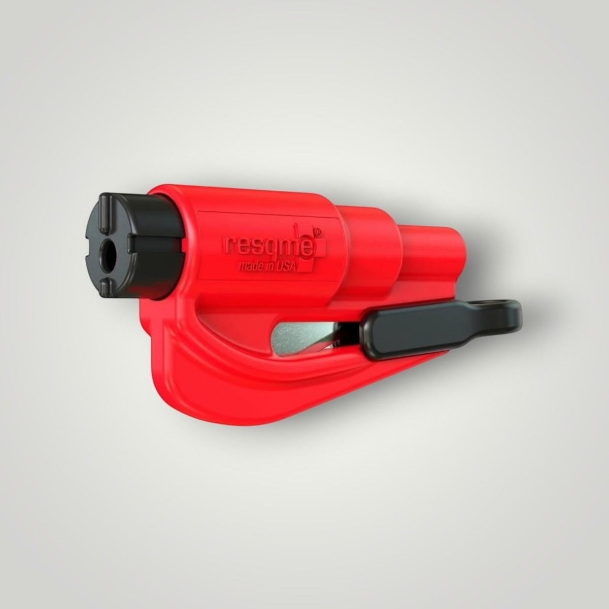 A red and black ResQMe quick release window breaker tool, shown from a side angle against a light gray gradient background.