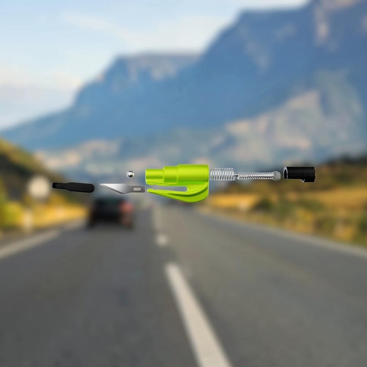 A bright neon green and silver car window breaker tool with black components, shown horizontally against a blurred background of a mountain road.